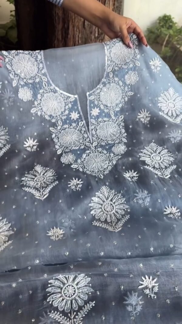 Powder Blue Noor Organza Silk Chikankari Unstitched Kurta Dupatta Set - Image 12