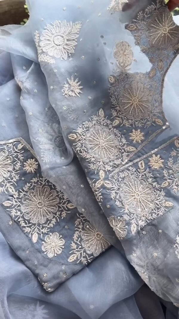 Powder Blue Noor Organza Silk Chikankari Unstitched Kurta Dupatta Set - Image 2