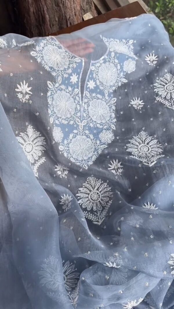 Powder Blue Noor Organza Silk Chikankari Unstitched Kurta Dupatta Set - Image 6