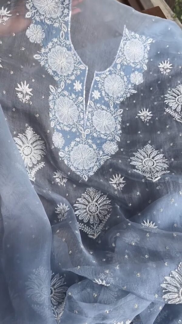 Powder Blue Noor Organza Silk Chikankari Unstitched Kurta Dupatta Set - Image 7