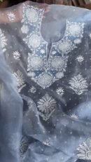 Powder Blue Noor Organza Silk Chikankari Unstitched Kurta Dupatta Set