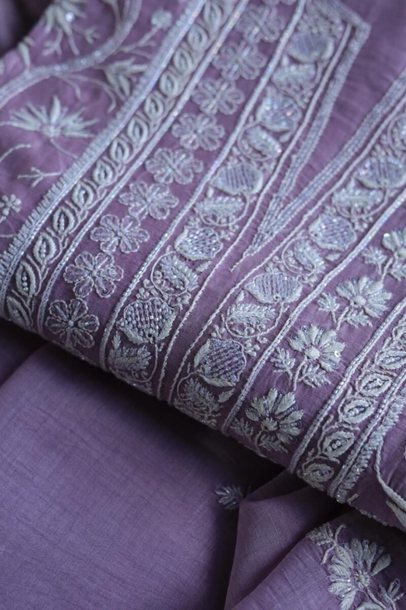 Purple Mal Chanderi Silk Chikankari With Sequins Unstitched Kurta Dupatta Set