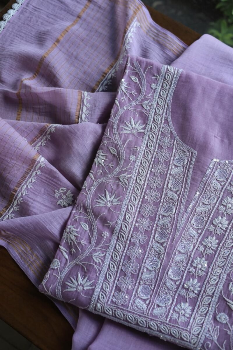 Purple Mal Chanderi Silk Chikankari With Sequins Unstitched Kurta Dupatta Set