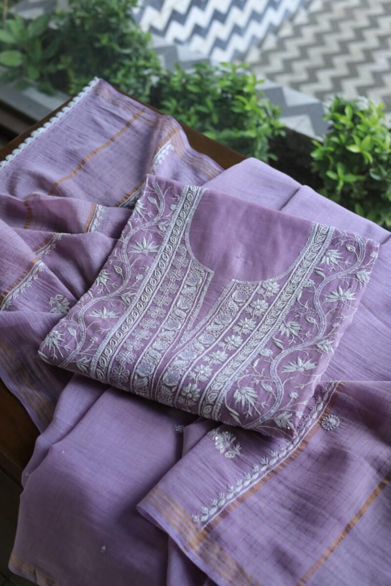 Purple Mal Chanderi Silk Chikankari With Sequins Unstitched Kurta Dupatta Set