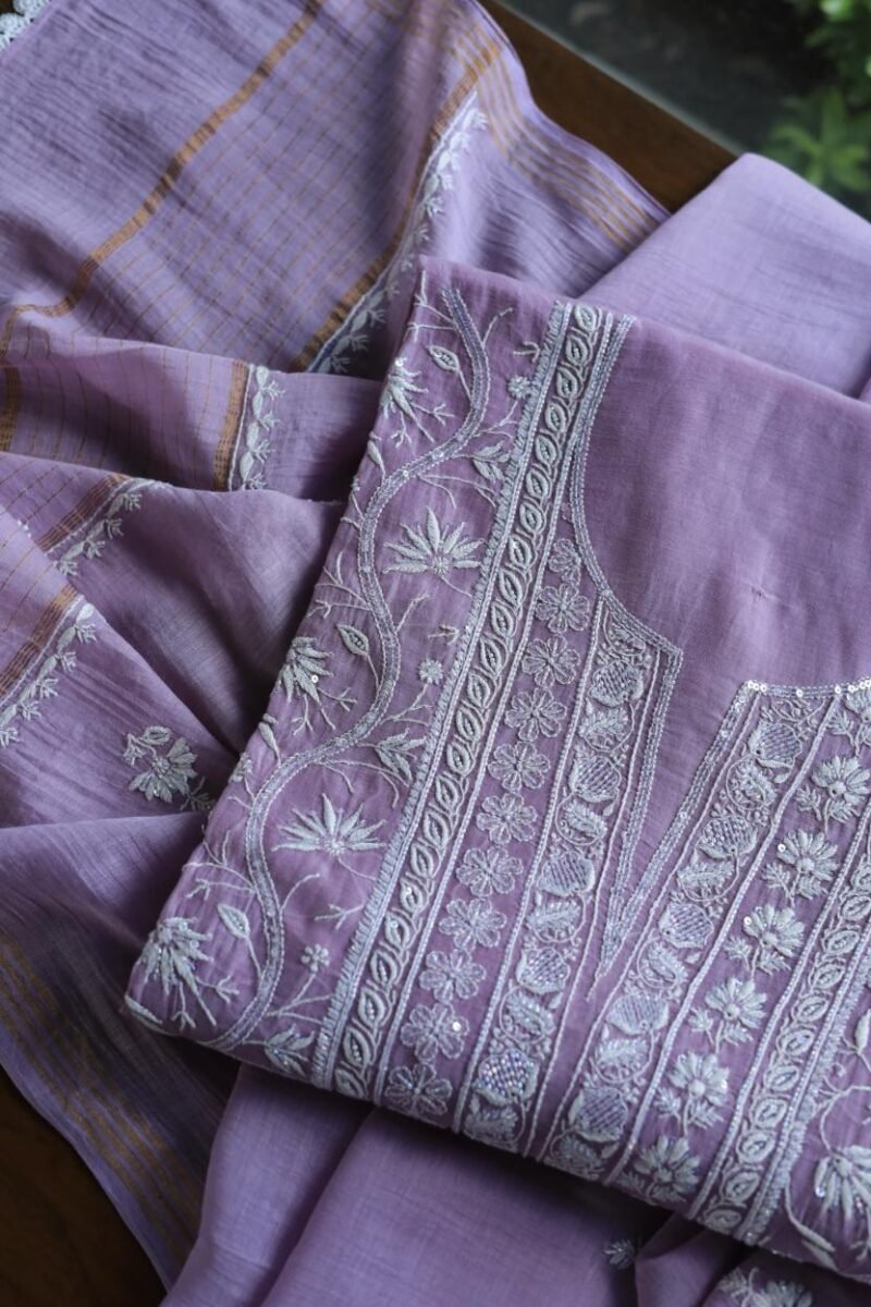Purple Mal Chanderi Silk Chikankari With Sequins Unstitched Kurta Dupatta Set