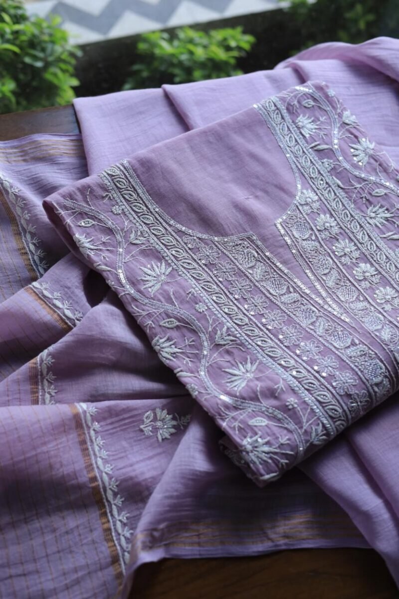 Purple Mal Chanderi Silk Chikankari With Sequins Unstitched Kurta Dupatta Set