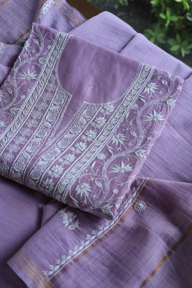 Purple Mal Chanderi Silk Chikankari With Sequins Unstitched Kurta Dupatta Set