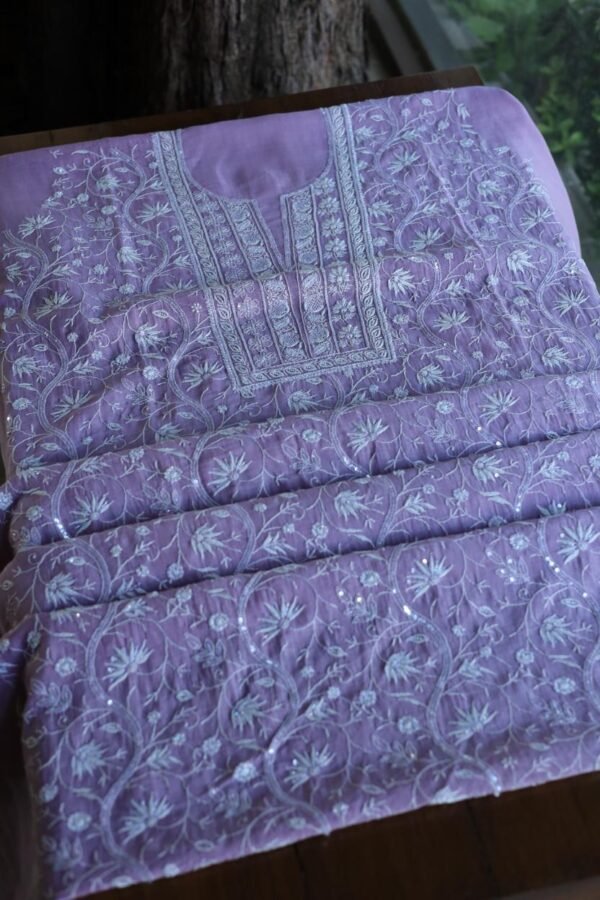 Purple Mal Chanderi Silk Chikankari With Sequins Unstitched Kurta Dupatta Set - Image 9