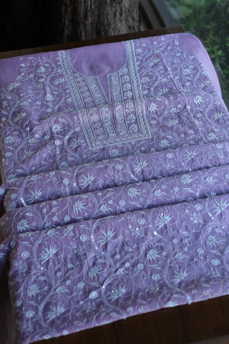 Purple Mal Chanderi Silk Chikankari With Sequins Unstitched Kurta Dupatta Set