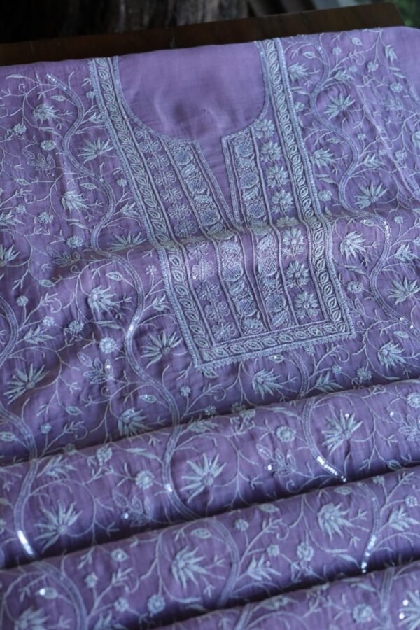 Purple Mal Chanderi Silk Chikankari With Sequins Unstitched Kurta Dupatta Set - Image 10