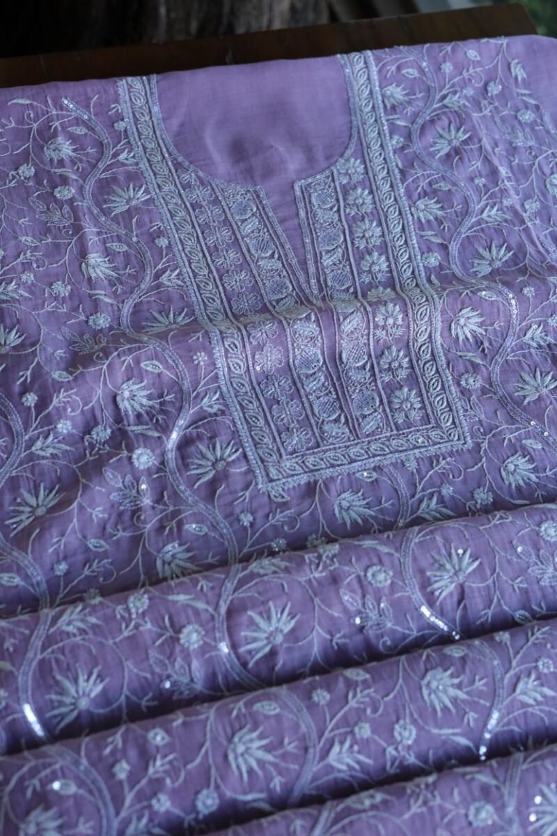 Purple Mal Chanderi Silk Chikankari With Sequins Unstitched Kurta Dupatta Set