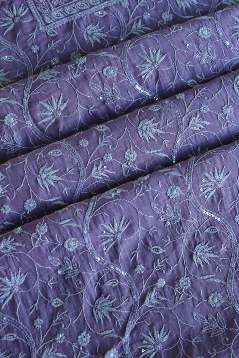 Purple Mal Chanderi Silk Chikankari With Sequins Unstitched Kurta Dupatta Set
