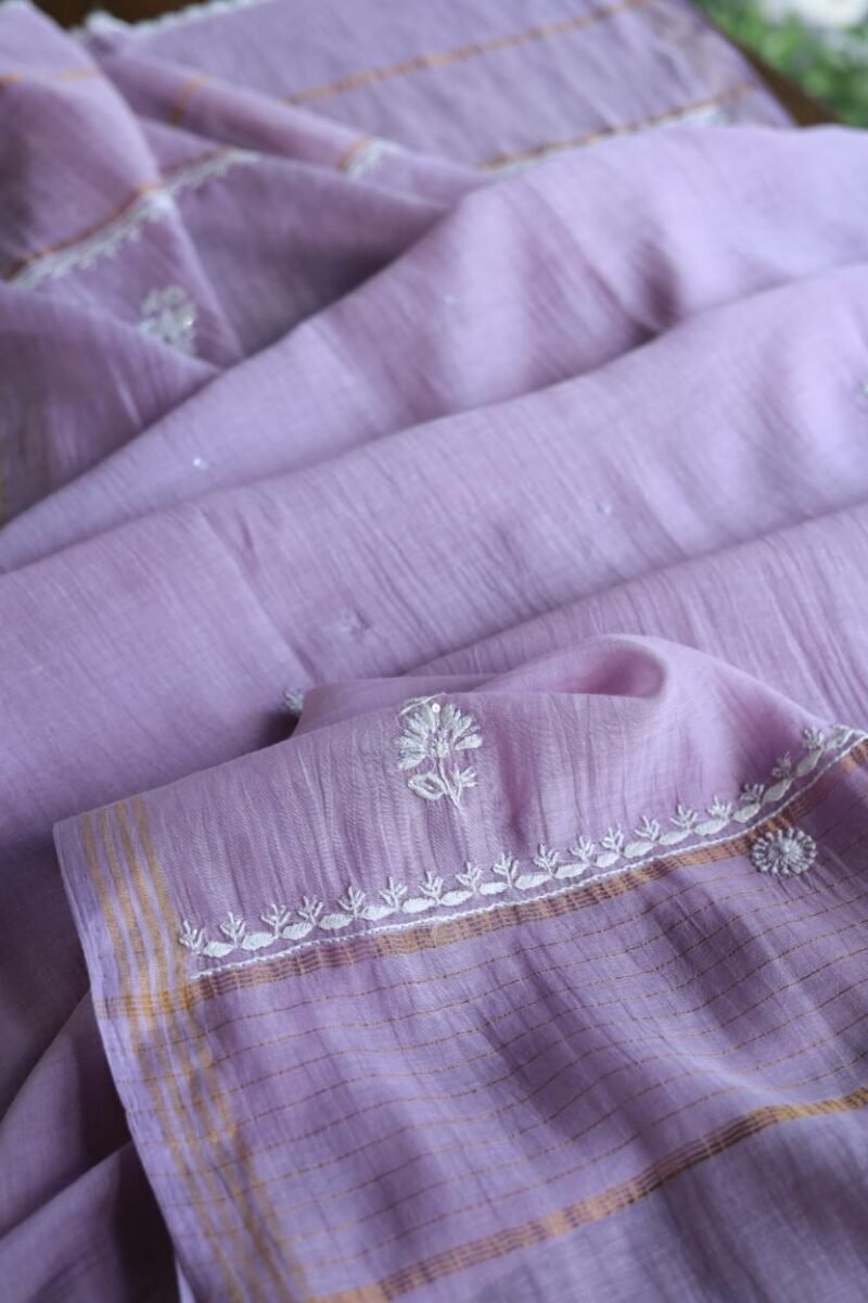 Purple Mal Chanderi Silk Chikankari With Sequins Unstitched Kurta Dupatta Set
