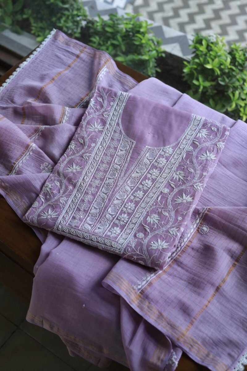 Purple Mal Chanderi Silk Chikankari With Sequins Unstitched Kurta Dupatta Set