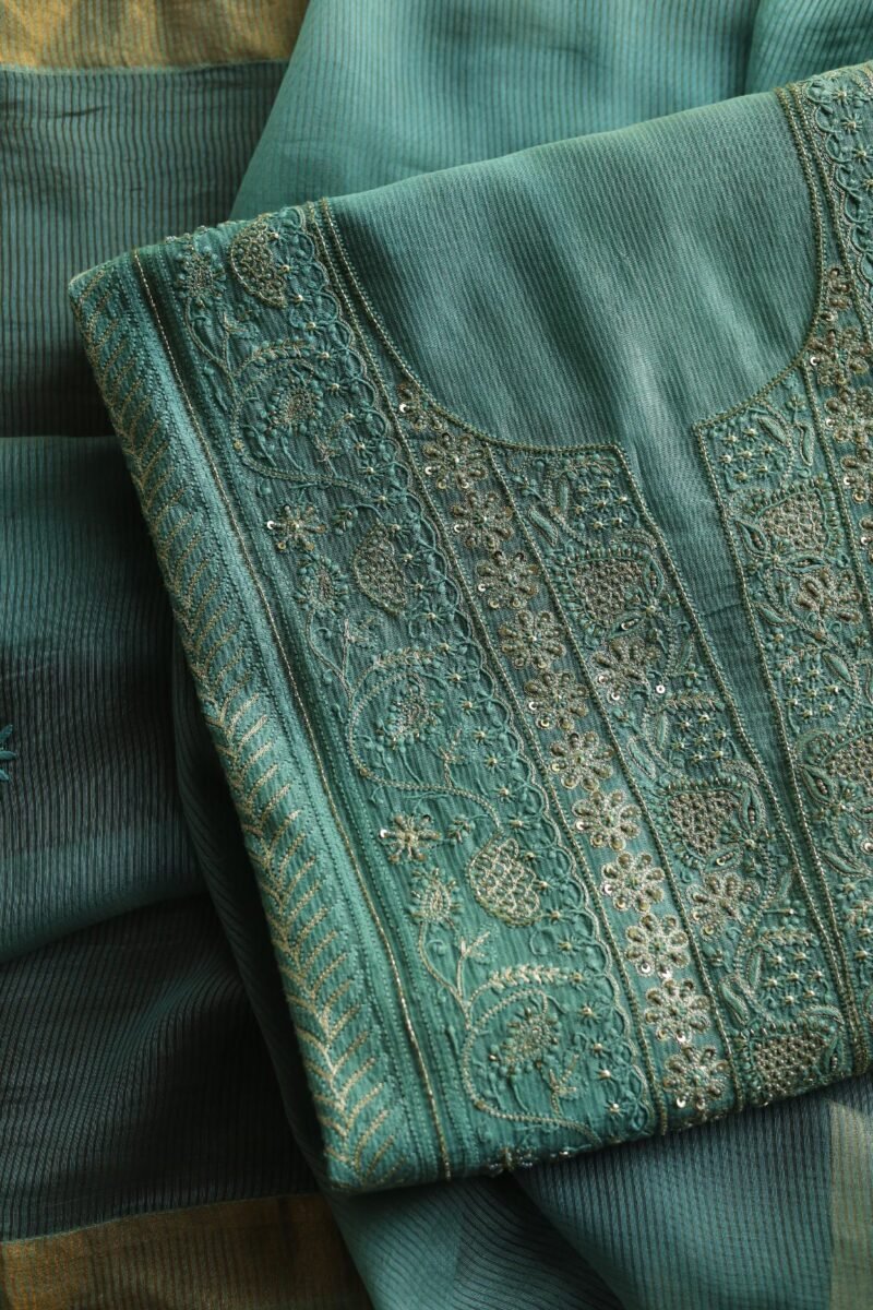 Green Maheshwari Chikankari With Ari Work Unstitched Kurta Dupatta Set