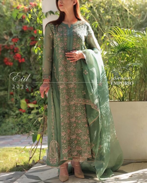 Raw Mango Green Noor Organza Chikankari Anarkali - Image 8