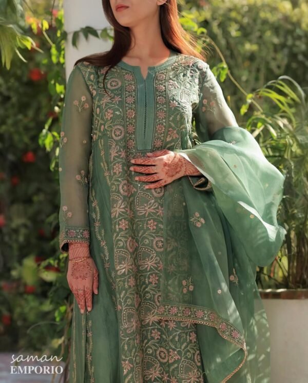 Raw Mango Green Noor Organza Chikankari Anarkali - Image 9