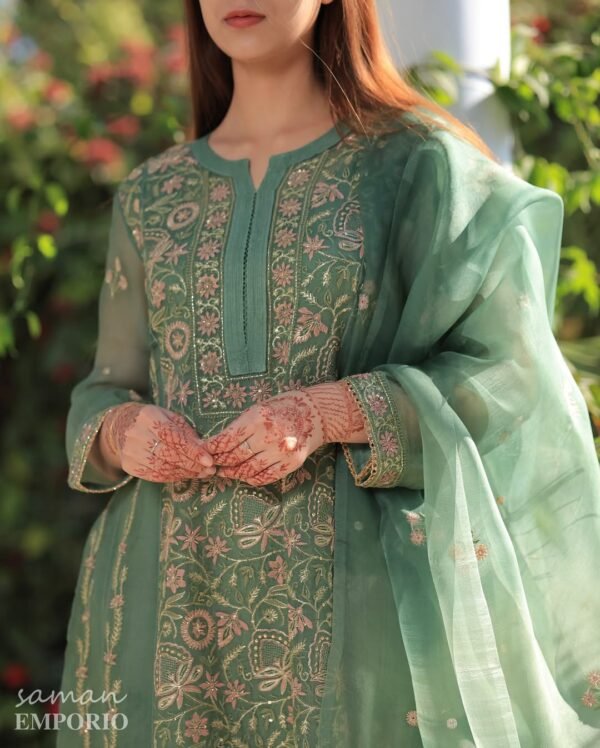 Raw Mango Green Noor Organza Chikankari Anarkali