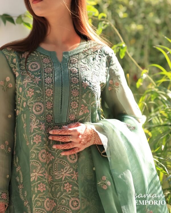 Raw Mango Green Noor Organza Chikankari Anarkali - Image 2