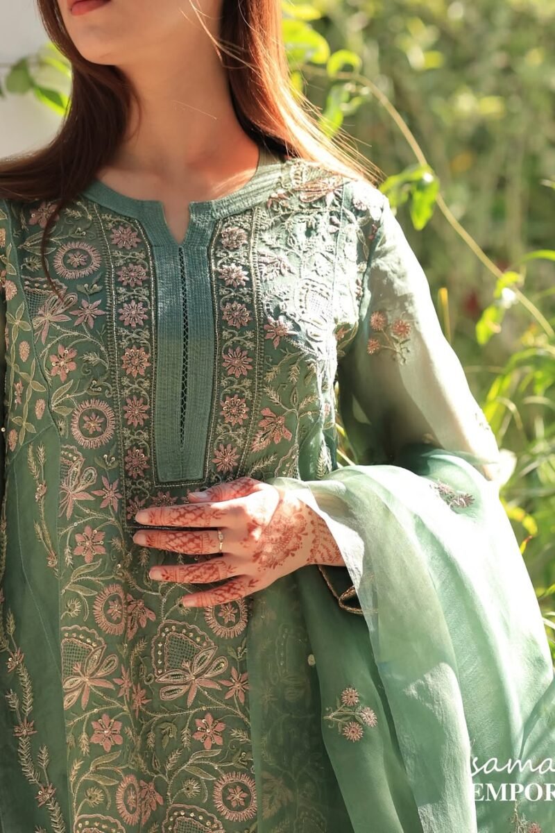 Raw Mango Green Noor Organza Chikankari Anarkali
