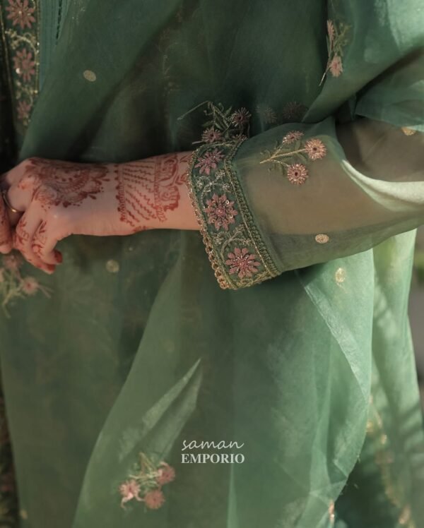 Raw Mango Green Noor Organza Chikankari Anarkali - Image 3