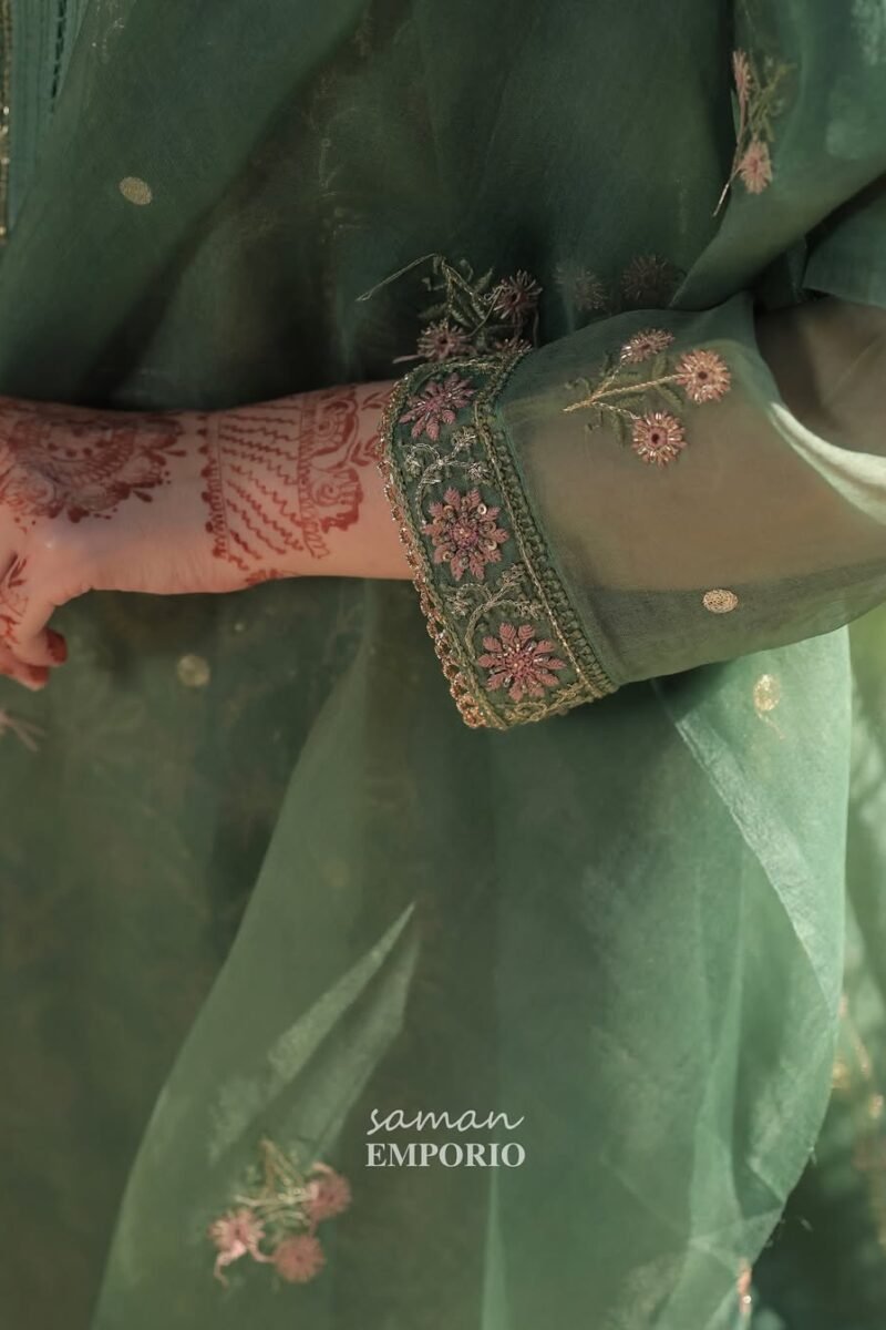 Raw Mango Green Noor Organza Chikankari Anarkali