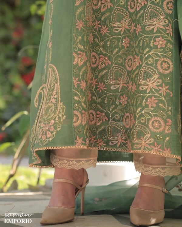 Raw Mango Green Noor Organza Chikankari Anarkali - Image 4