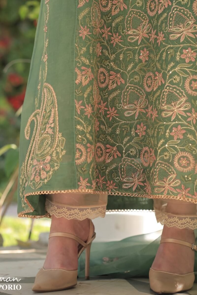Raw Mango Green Noor Organza Chikankari Anarkali