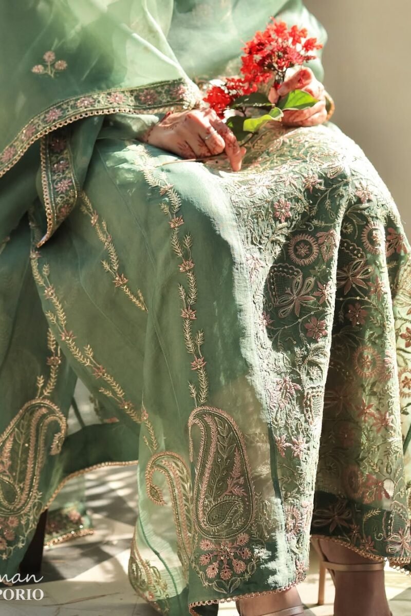 Raw Mango Green Noor Organza Chikankari Anarkali