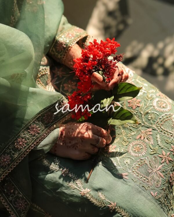Raw Mango Green Noor Organza Chikankari Anarkali - Image 6