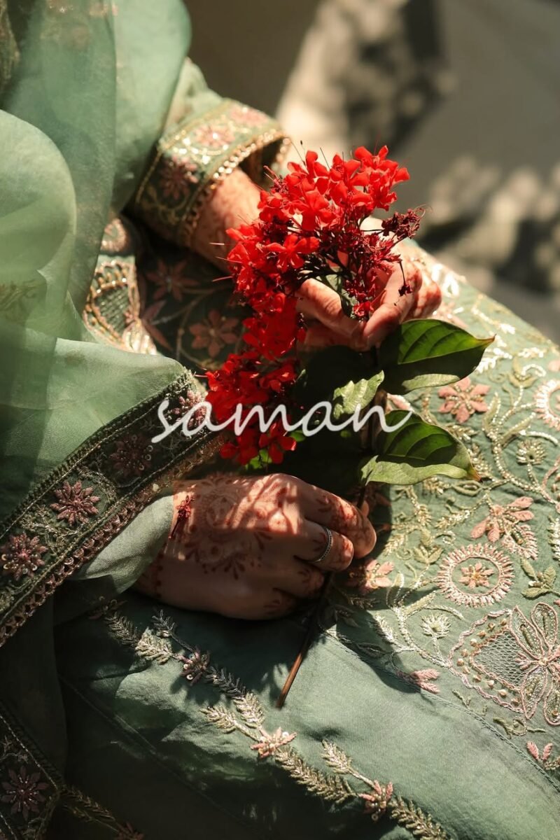 Raw Mango Green Noor Organza Chikankari Anarkali