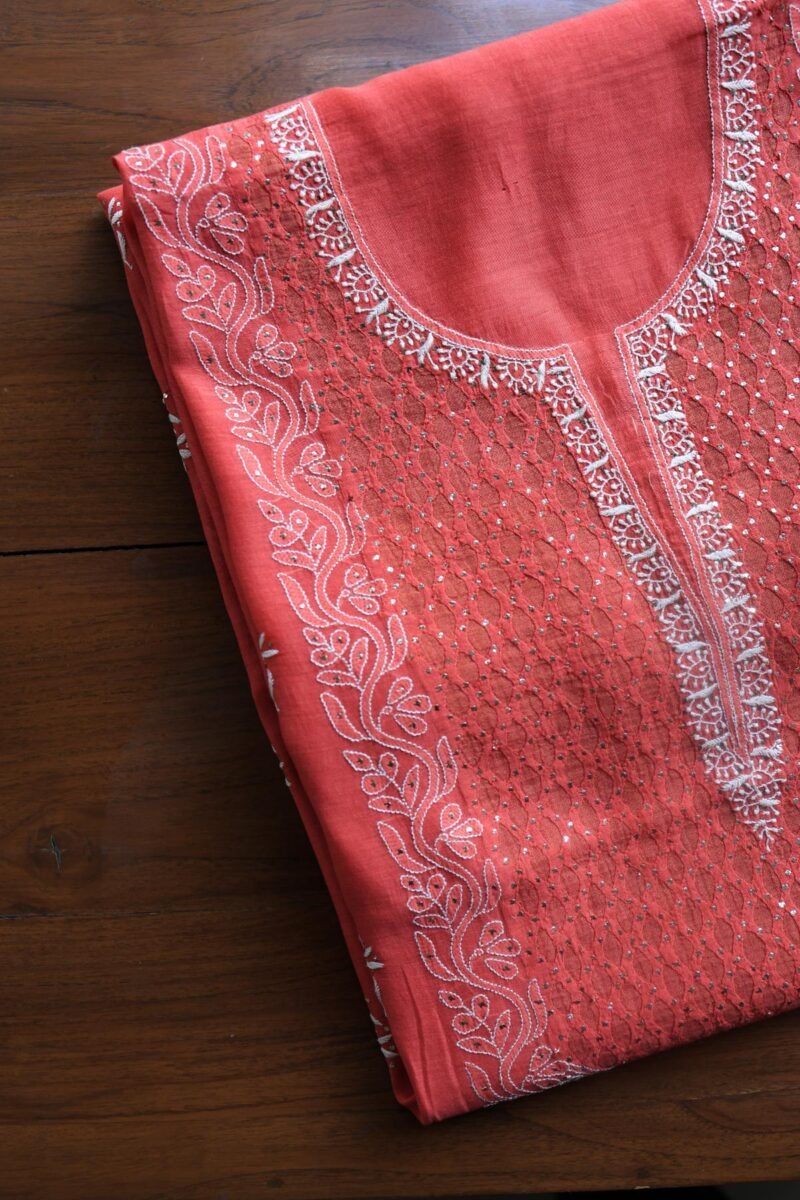 Red Daraz Chanderi Chikankari Kurta Fabrics