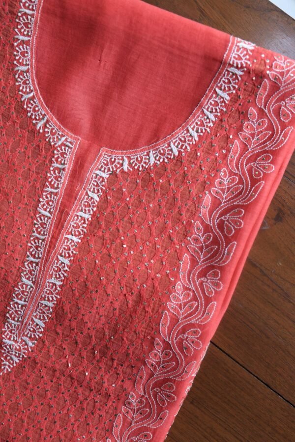 Red Daraz Chanderi Chikankari Kurta Fabrics - Image 5