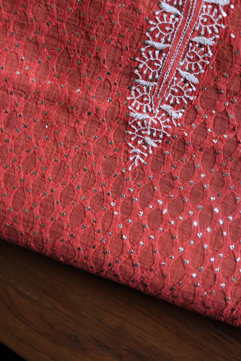 Red Daraz Chanderi Chikankari Kurta Fabrics