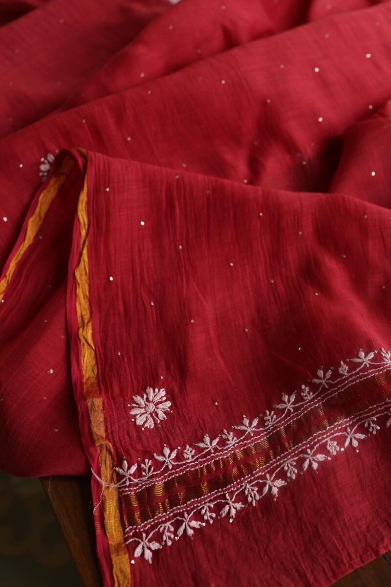 Red Mal Cotton Chikankari Unstitched Kurta Dupatta Fabrics With Kamdani