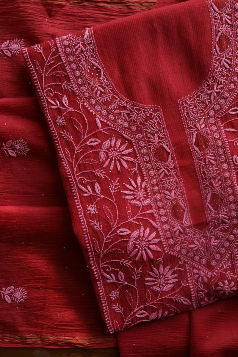 Red Mul Cotton Fine Chikankari With Kamdani Work Unstitched Fabric