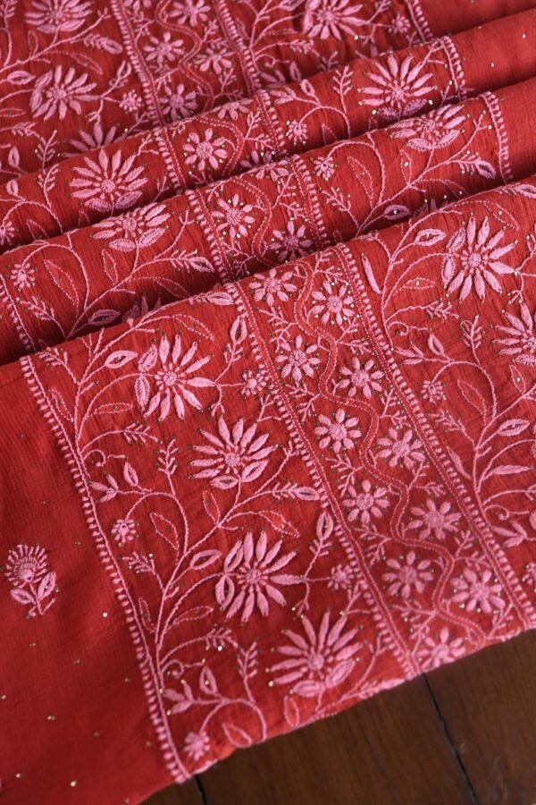 Red Mul Cotton Fine Chikankari With Kamdani Work Unstitched Fabric - Image 13