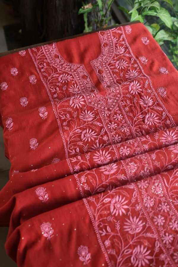 Red Mul Cotton Fine Chikankari With Kamdani Work Unstitched Fabric - Image 14