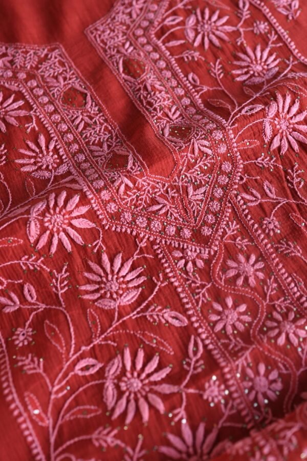 Red Mul Cotton Fine Chikankari With Kamdani Work Unstitched Fabric - Image 15