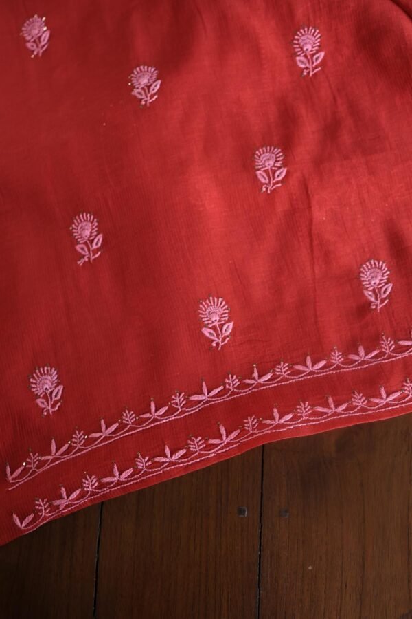 Red Mul Cotton Fine Chikankari With Kamdani Work Unstitched Fabric - Image 12