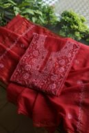 Red Mul Cotton Fine Chikankari With Kamdani Work Unstitched Fabric
