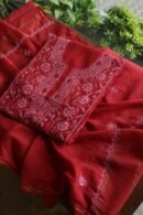 Red Mul Cotton Fine Chikankari With Kamdani Work Unstitched Fabric