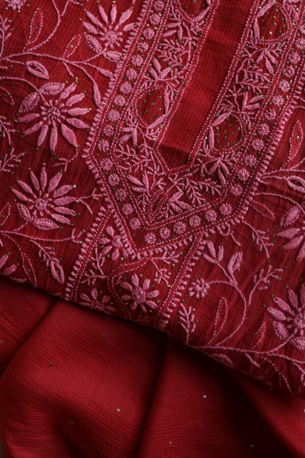 Red Mul Cotton Fine Chikankari With Kamdani Work Unstitched Fabric - Image 5