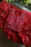 Red Mul Cotton Fine Chikankari With Kamdani Work Unstitched Fabric
