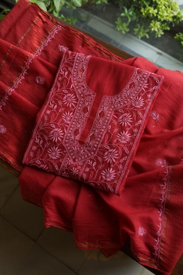 Red Mul Cotton Fine Chikankari With Kamdani Work Unstitched Fabric - Image 6