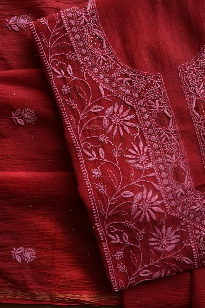 Red Mul Cotton Fine Chikankari With Kamdani Work Unstitched Fabric