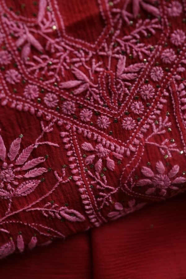Red Mul Cotton Fine Chikankari With Kamdani Work Unstitched Fabric - Image 2