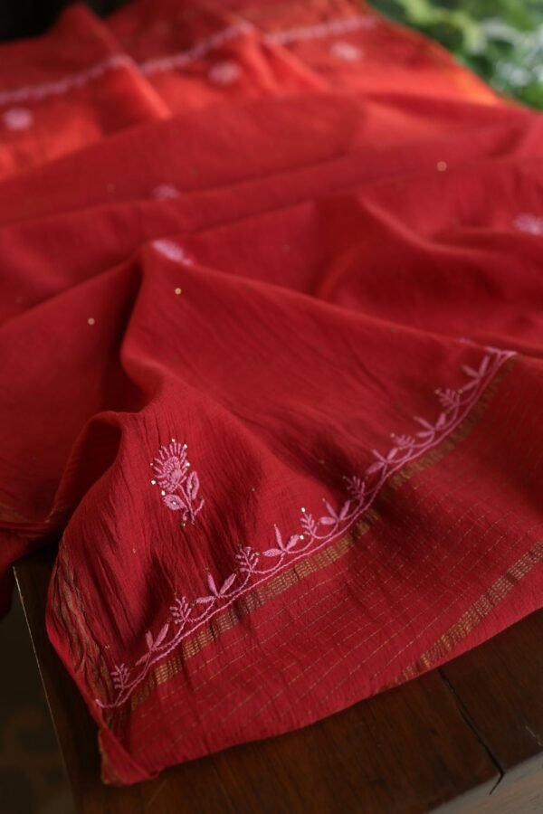 Red Mul Cotton Fine Chikankari With Kamdani Work Unstitched Fabric - Image 10