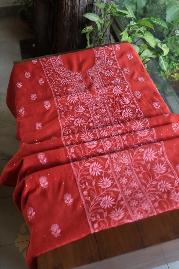 Red Mul Cotton Fine Chikankari With Kamdani Work Unstitched Fabric - Image 11