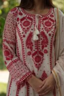 Red & White Mulmul Pearl Work Chikankari Anarkali With Dupatta